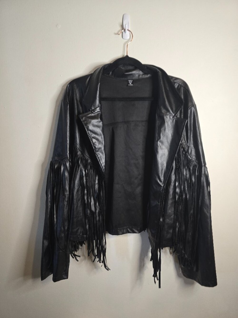 Shien Curve 2x Womens Vegan Leather Open Front Fringe Jacket Black